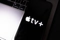 Apple TV plus logo on smartphone screen. Royalty Free Stock Photo