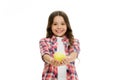 Apple vitamin snack. Girl cute long curly hair holds apple fruit white background. Child girl casual clothes holds apple