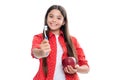 Apple vitamins for healthy teeth. Portrait of happy smiling teenage child girl.