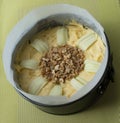 Apple and Walnut Cake Mixture in Paper Lined Baking Pan. Royalty Free Stock Photo