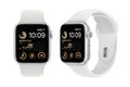 Apple Watch SE, in front side and sideways, in official silver color, on white background