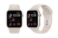 Apple Watch SE, in front side and sideways, in official starlight color, on white background