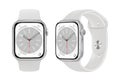 Apple Watch Series 8, in front side and sideways, in official silver color, on white background, vector illustration