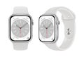 Apple Watch Series 8, in front side and sideways, in official silver color, on white background, vector illustration Royalty Free Stock Photo