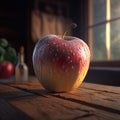 Apple on the windowsill. Sunlight shines on the apple from the window. Created with Generative AI Royalty Free Stock Photo