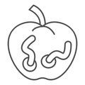 Apple with worm thin line icon, halloween concept, rotten fruit sign on white background, Spoiled wormy apple icon in