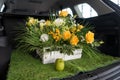 Apples and a basket of rose flowers are in the open trunk of a car Royalty Free Stock Photo