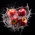 Apples being splashed by a big wave of liquid, midair.