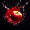 Apples being splashed by a big wave of liquid, midair.