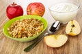 Apples, bowl with yogurt, bowl with granola, spoon, pieces of apple on table Royalty Free Stock Photo