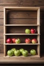 Apples in a box on a wooden shelf. A framework on a wooden background Royalty Free Stock Photo