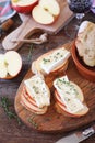 Apples and Camembert cheese bread toast and glass of red wine Royalty Free Stock Photo