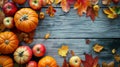 Apples And Corn On Harvest Table With Field Trees And Sky Background. Ai Generative Royalty Free Stock Photo