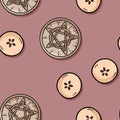 Apples cut in half and wooden pentacle occult signs seamless pattern. Wallpaper of wiccan apples and pentagrams doodles. Vector