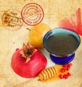 Apples, cut red pomegranate and honey on the old paper texture. Jewish New Year Rosh Hashanah symbols. Shana Tova round stamp