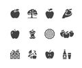 Apples flat glyph icons. Apple picking, autumn harvest festival, craft fruit cider illustrations. Signs for organic food Royalty Free Stock Photo