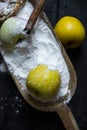 Apples in flour with cinnamon on an old textured wooden table. Apple pie recipe Royalty Free Stock Photo