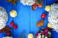 Apples, flowers, leaf litters and plums on a blue wooden table Royalty Free Stock Photo