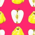 Apples fruits are isolated on a pink background. Sketch felt-tip pens. Healthy food. Seamless pattern for fabric design. Royalty Free Stock Photo