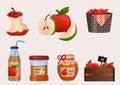 Apples harvest large collection. Red apples on branch, in basket, juice, jam, marmalade, pastila. Slice of apple. Fruits