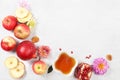 Apples, honey,pomegranate and dried apricots on a bright white background,The concept of the Jewish holiday Rosh Hashanah top view Royalty Free Stock Photo