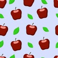 Apples juicy fruit with its leaf in blue seamless pattern