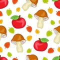 Apples, mushrooms and leaves seamless pattern, cartoon hand drawing, colorful autumn forest background. For the design of children Royalty Free Stock Photo