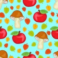 Apples, mushrooms and leaves seamless pattern, cartoon hand drawing, colorful autumn forest background. For the design of children Royalty Free Stock Photo