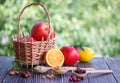 Apples,orange, nuts,cranberry, lemon, muesli and raisins Royalty Free Stock Photo