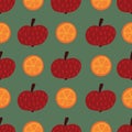 Apples and oranges seamless vector pattern. Hand drawn fruit illustration background. Flat Scandinavian style. Use for