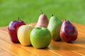 Apples and Pears lined up together on a table Royalty Free Stock Photo