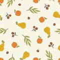 Apples, pears and nuts. Seasonal autumn seamless pattern.