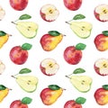 Apples, Pears. Pattern of the watercolors of fruit on a white background. seamless pattern. Isolated hand draw Royalty Free Stock Photo