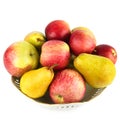 Apples and pears on a porcelain dish isolated on a white Royalty Free Stock Photo