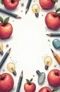 Apples pencils and lightbulbs frame empty white background for custom text. Creative education school learning ideas celebration Royalty Free Stock Photo