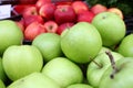 Apples. Pile of organic red apples on a farmers market. Apple background texture. Fruits wallpaper. Apples cover photo. Royalty Free Stock Photo