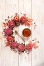 Apples, pink flowers and honey with copy space form a floral de Royalty Free Stock Photo