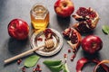 Apples, pomegranate and honey on a dark rustic background. New Year - Rosh Hashanah. Traditional Jewish food