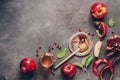 Apples, pomegranate and honey on a dark rustic background. Traditional Jewish food. New Year - Rosh Hashanah. Top view, copy space