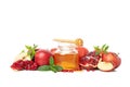 Apples, pomegranate, mint and honey isolated on background. Natural treatment