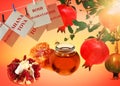 Apples, red pomegranates and honey. Rosh Hashanah - Jewish New Year symbols. Holiday cards with greeting words