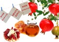 Apples, red pomegranates and honey. Rosh Hashanah - Jewish New Year symbols. Holiday cards with greeting words