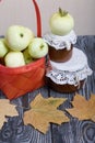 Apples in a red wicker basket. Jam in jars, apples and dried maple leaves are nearby. Fruit harvest Royalty Free Stock Photo