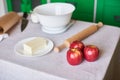 Baking ingredients placed on table, ready for cooking. Concept of food preparation, kitchen on background Royalty Free Stock Photo