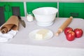 Baking ingredients placed on table, ready for cooking. Concept of food preparation, kitchen on background Royalty Free Stock Photo