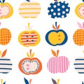 Apples seamless vector pattern. Cute abstract apple illustration background. Fruits in blue, pink, orange, yellow Royalty Free Stock Photo