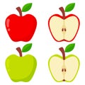 Apples Set of red, green bitten and half of fruit with leaf Vector illustration Isolated on white background Royalty Free Stock Photo