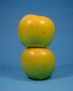 2 apples stacked with blue background. concept of healthy, diet, care, lose weight, healthy eating.