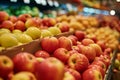 Apples on supermarket apple shelves display retail store organic local farmers food fruits healthy eating fresh supply