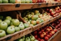 Apples on supermarket apple shelves display retail store organic local farmers food fruits healthy eating fresh supply